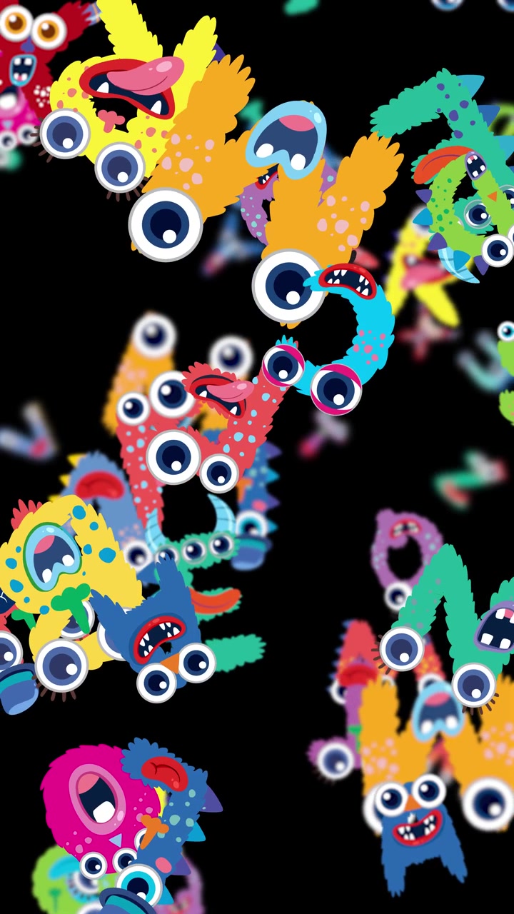 Vibrant, animated letters transform into playful monsters against a black background, showcasing dynamic movement and whimsical expressions