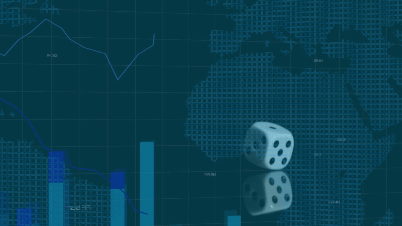 animación del procesamiento de datos financieros con dados girando sobre el mapa del mundo en el fondo