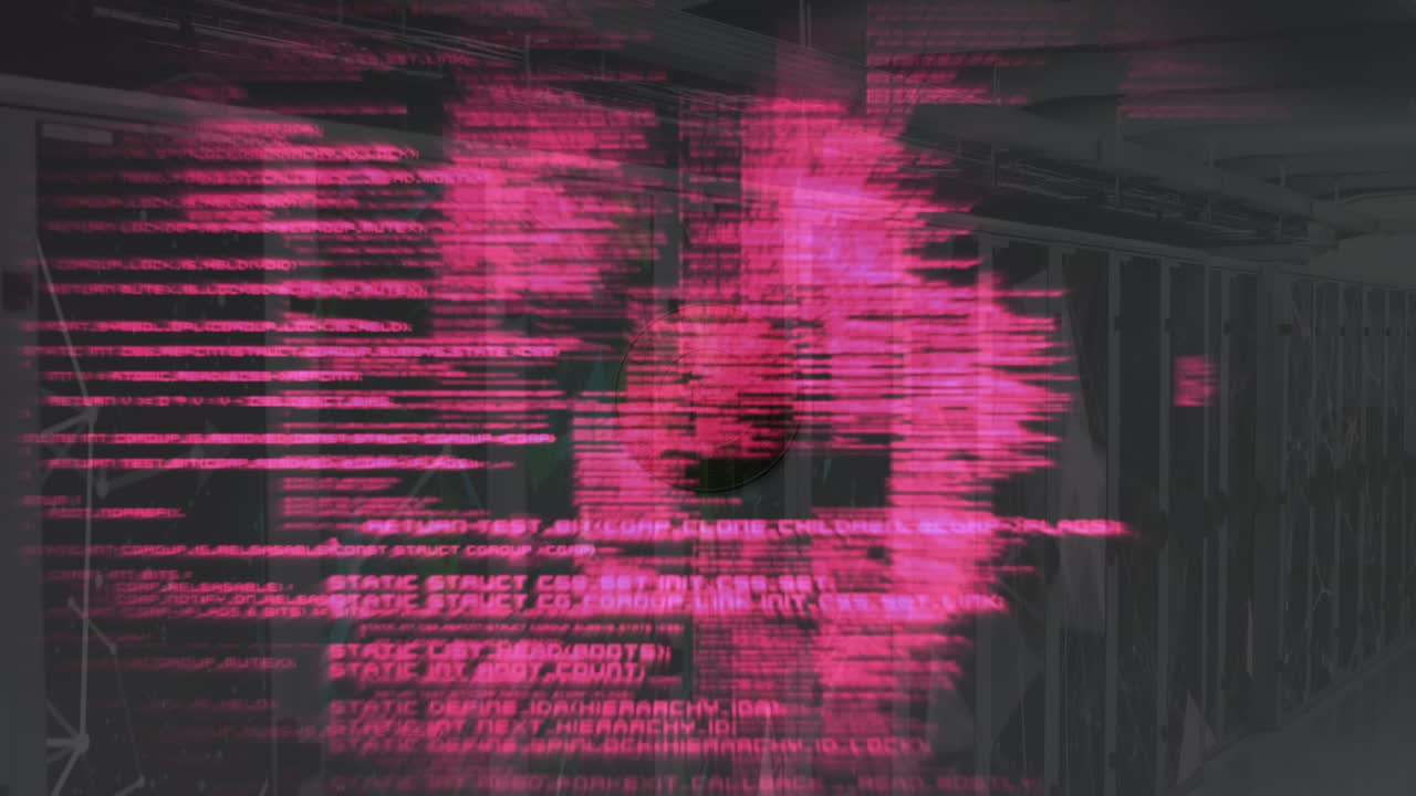 animación del texto de criptomoneda en la moneda a través del lenguaje informático y puntos conectados en la sala del servidor