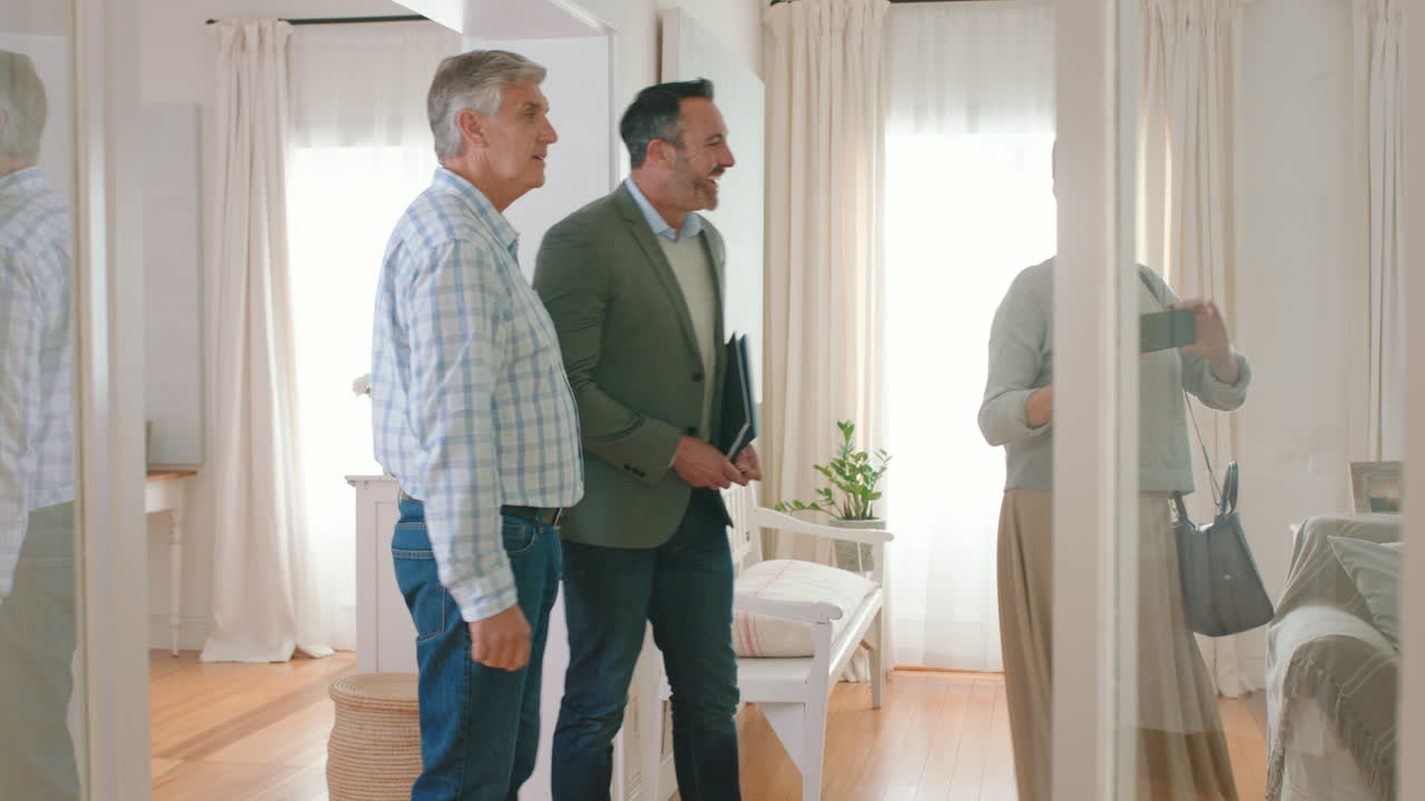 Retirement home and senior couple view real estate