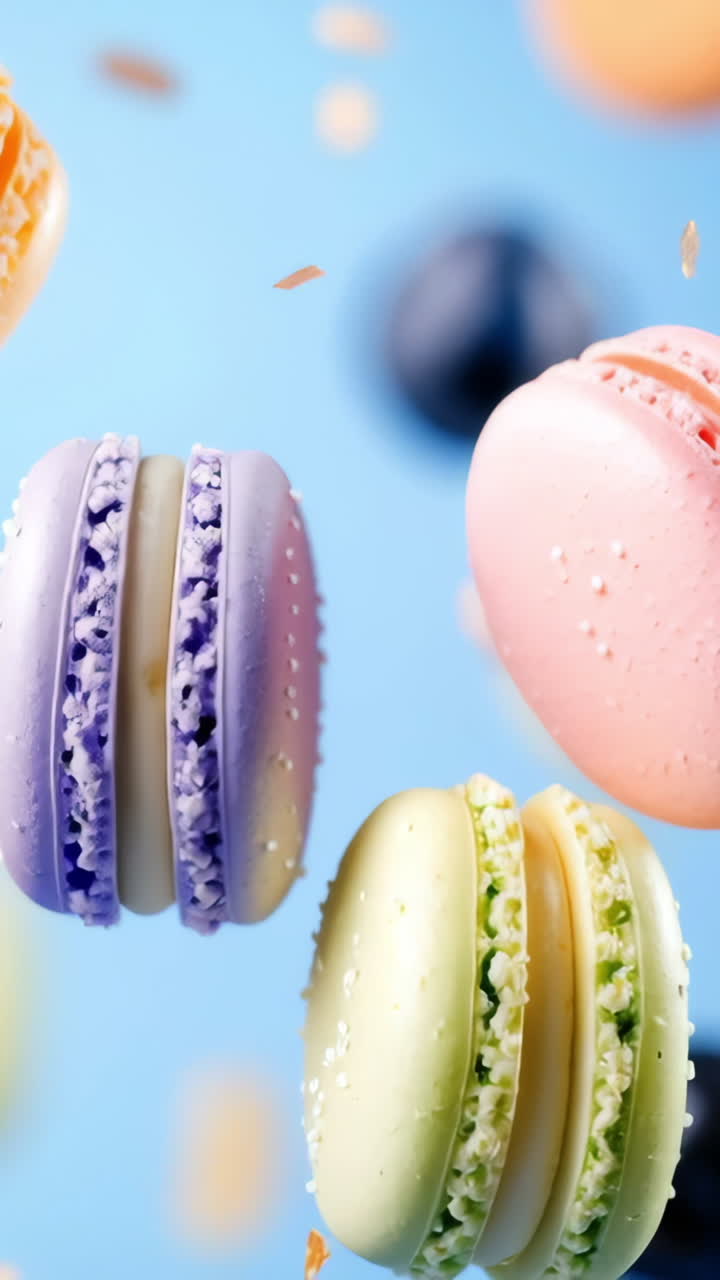 Colorful macarons with berries. Macarons in various colors hover alongside fresh strawberries and blackberries, creating a fun and festive display.