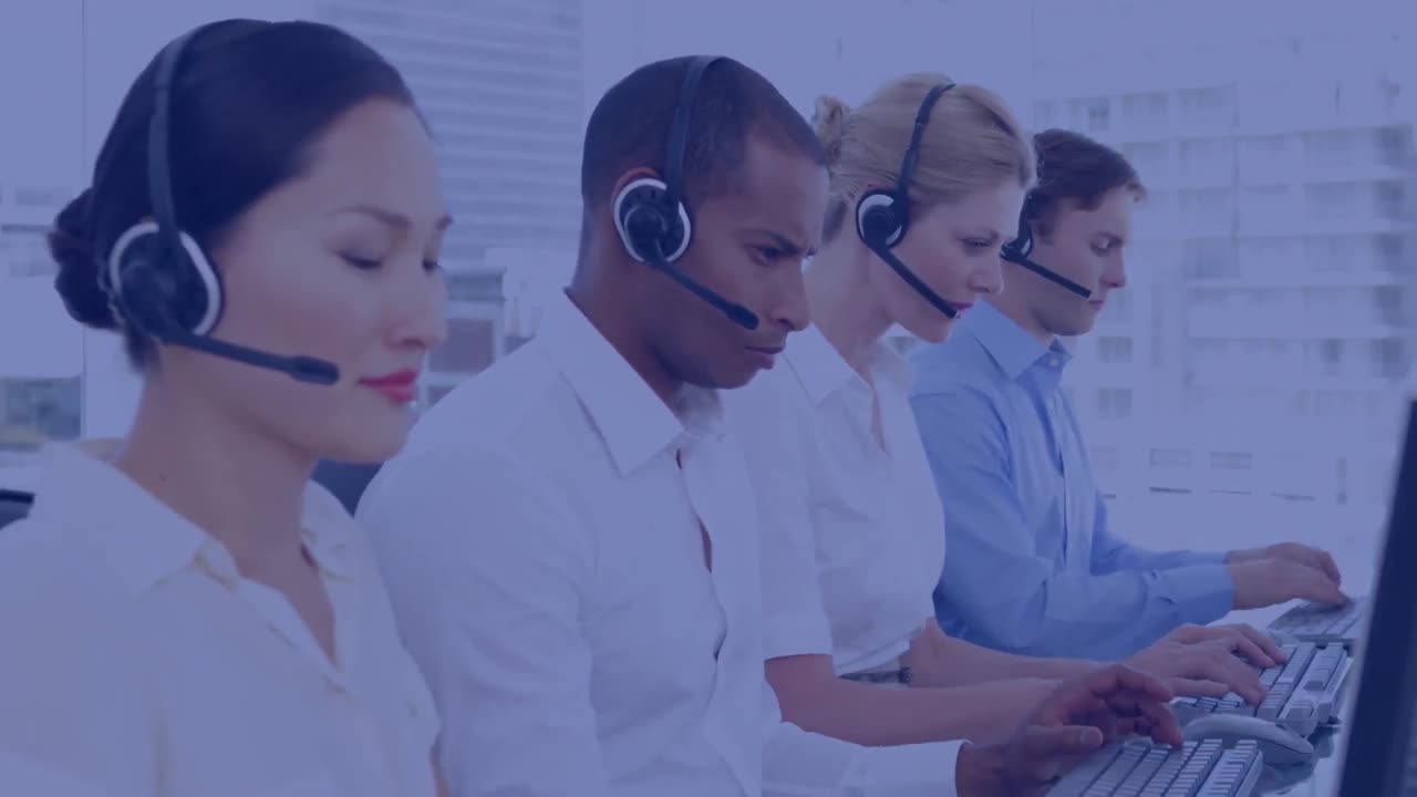 Animation of processor circuit board over business people using phone headsets