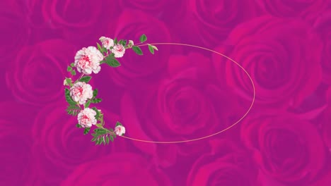 contorno ovalado con flores y follaje sobre rosas rosadas