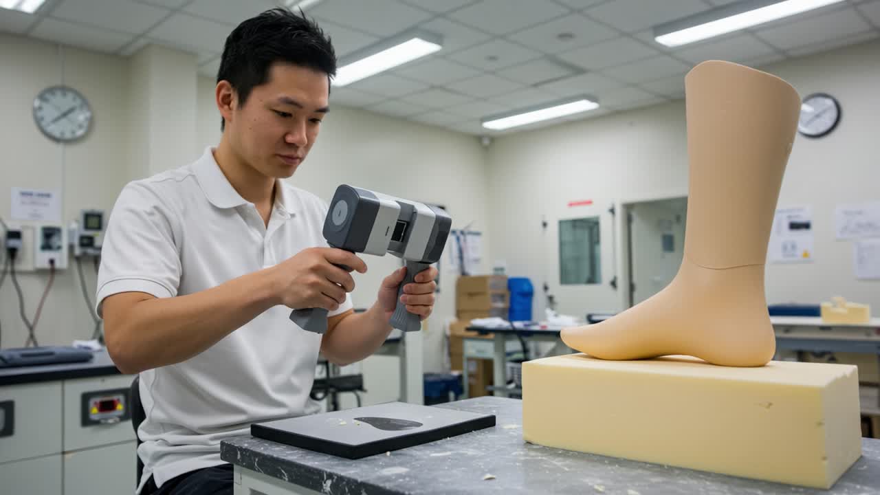 A Technician Uses a 3D Scanner to Capture Details of a Prosthetic Limb Model, Highlighting the Intersection of Technology and Innovation in Medical Device Development