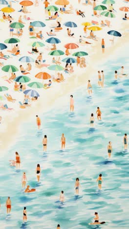 aerial view of a crowded beach with colorful umbrellas and sunbathers, capturing a lively summer