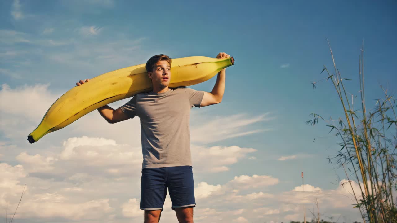 Man carrying a giant banana under a blue sky