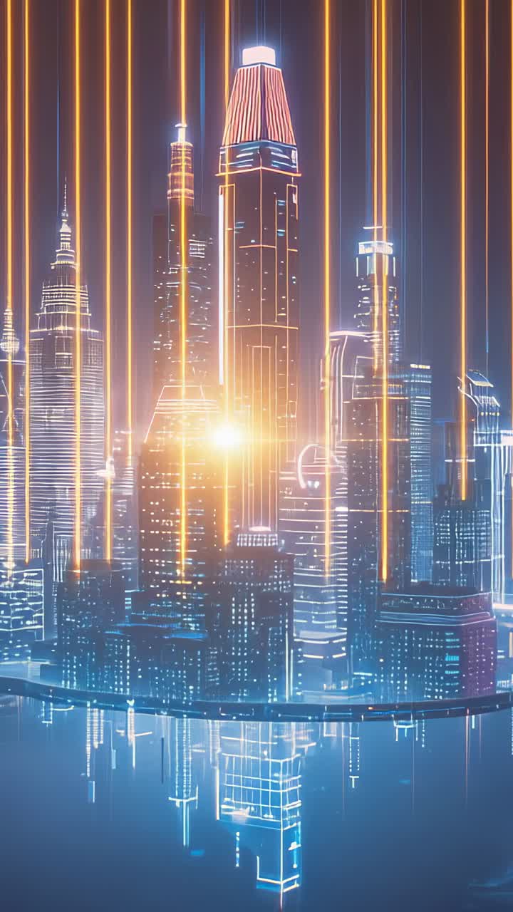 Vertical video: Neon towers bathing under falling beams at night, golden flare, mirrored reflection