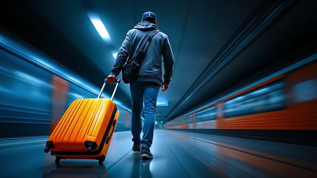 A man walking through a subway station with a suitcase