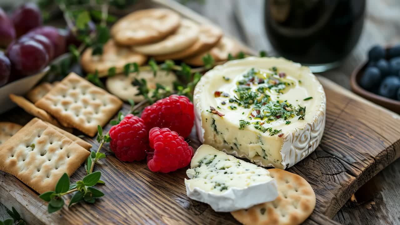 Сырная тарелка с крекерами, виноградом и ягодами