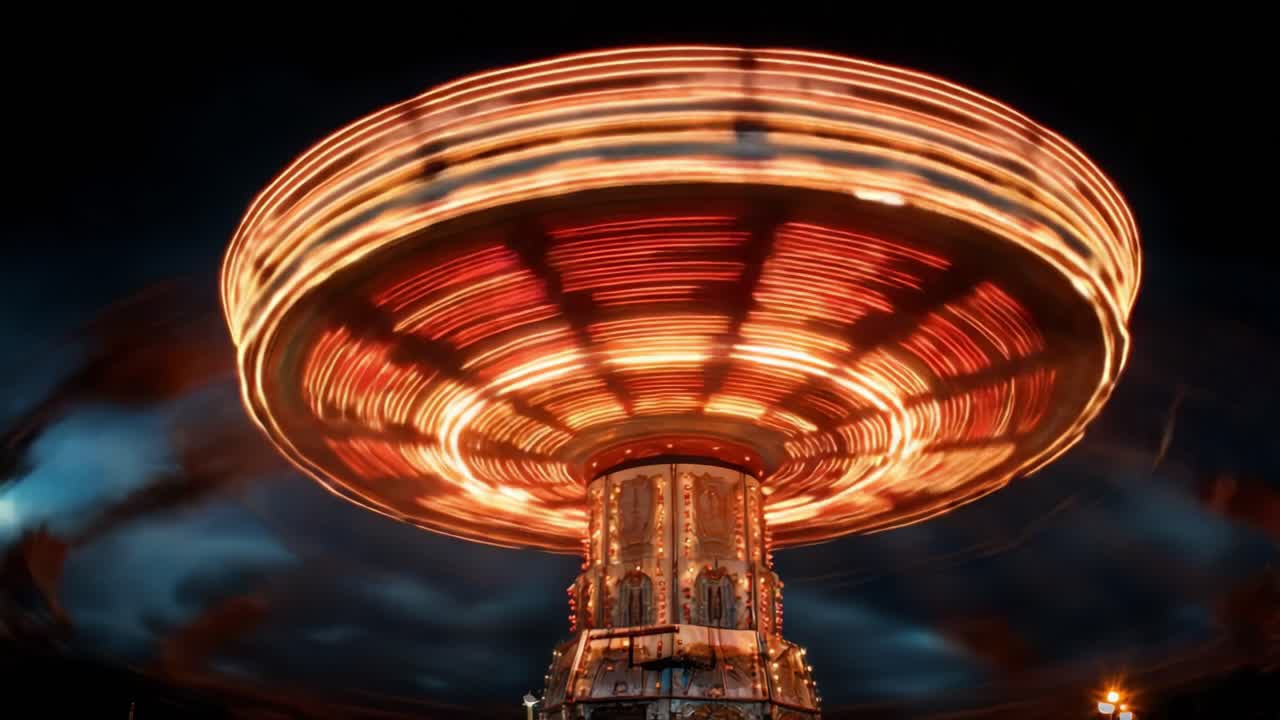 A Captivating Night Scene Showcasing the Whirling Motion of a Vibrantly Lit Amusement Park Ride, Creating a Mesmerizing Display of Color and Light Against a Dark Sky