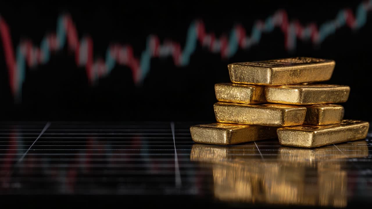 A close-up view of stacked gold bars reflects financial trends, illustrating the enduring value and significance of gold in investing and economic stability