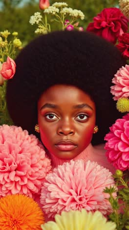 woman with afro and pink flowers
