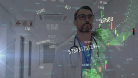 animación del procesamiento de datos financieros sobre un médico caucásico