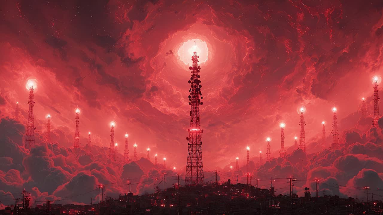 Apocalyptic red sky with swirling clouds over a dystopian city filled with glowing telecommunication towers, creating a surreal and ominous atmosphere for a dramatic science fiction background