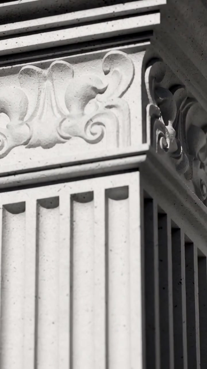 Vertical video: Panning camera revealing fluted pilaster on facade, carved acanthus showing depth