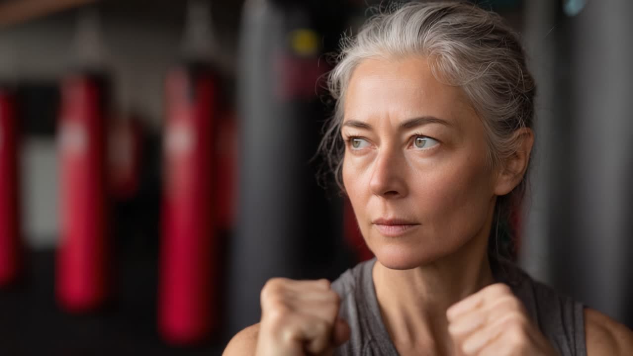 Mujer concentrada preparándose para un combate, mostrando fuerza y determinación en un gimnasio de boxeo rodeado de sacos de boxeo y equipamiento de entrenamiento