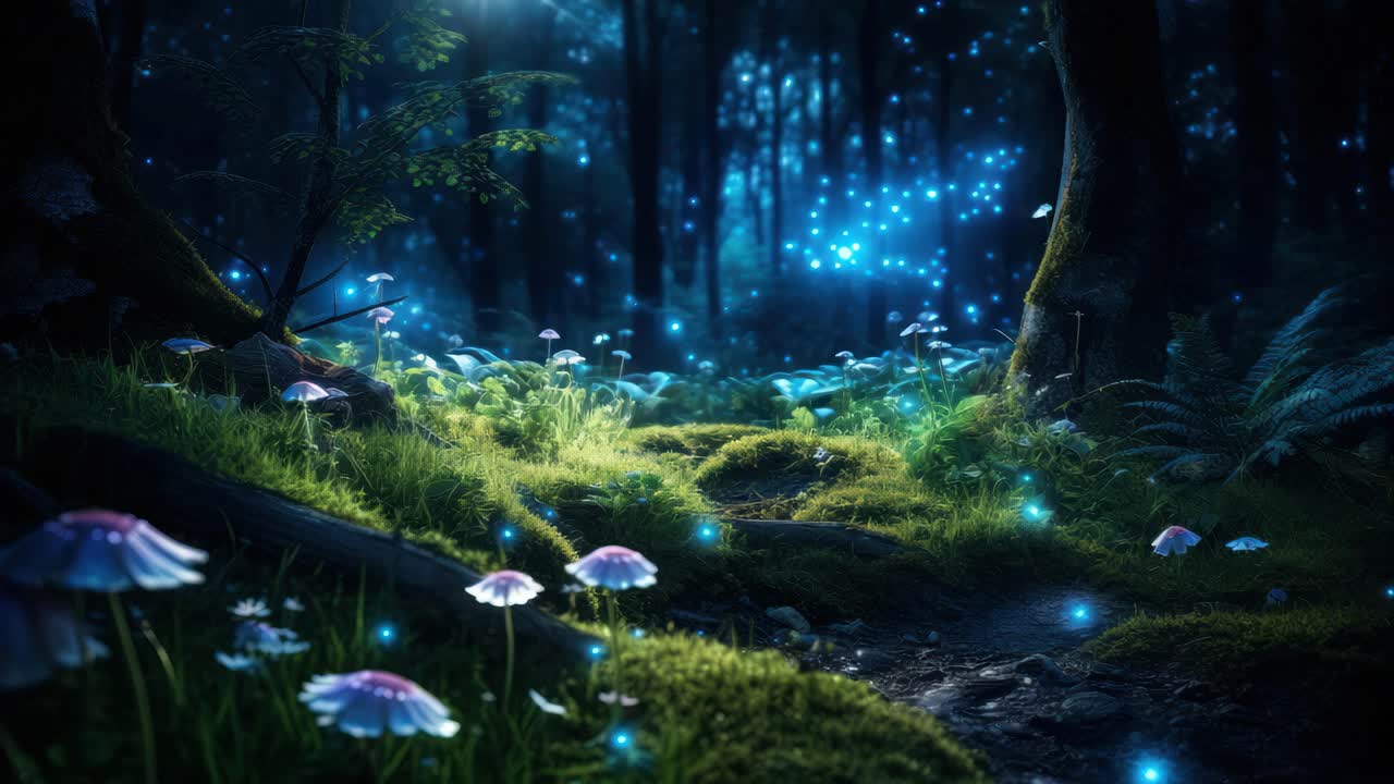 Enchanted forest scene with glowing mushrooms and fireflies | Premium ...