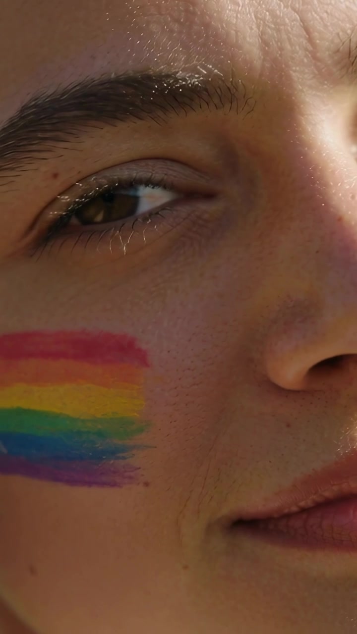 Vertical video: Camera closing in, teen turning, smiling at sunlit fair, right-cheek rainbow paint