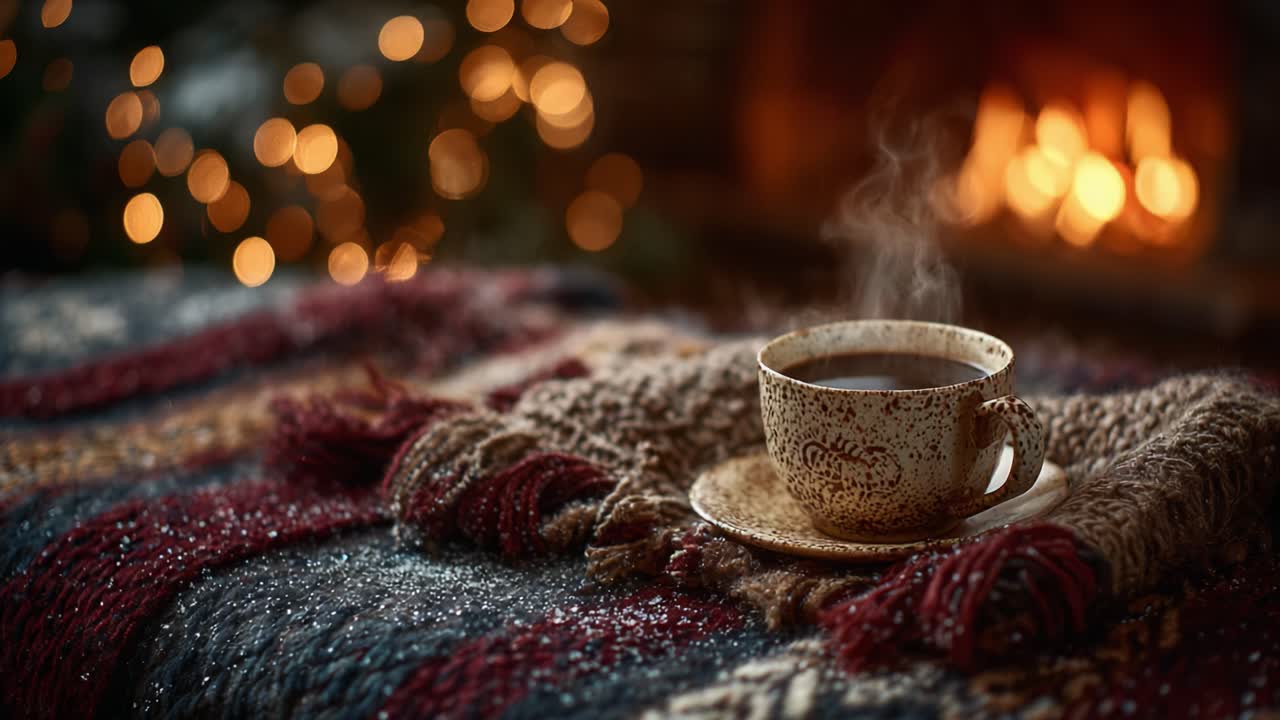 A Cozy Scene Featuring a Steaming Cup of Coffee on a Warm Blanket by the Fireplace, Perfect for Relaxing Winter Evenings and Embracing Comfort