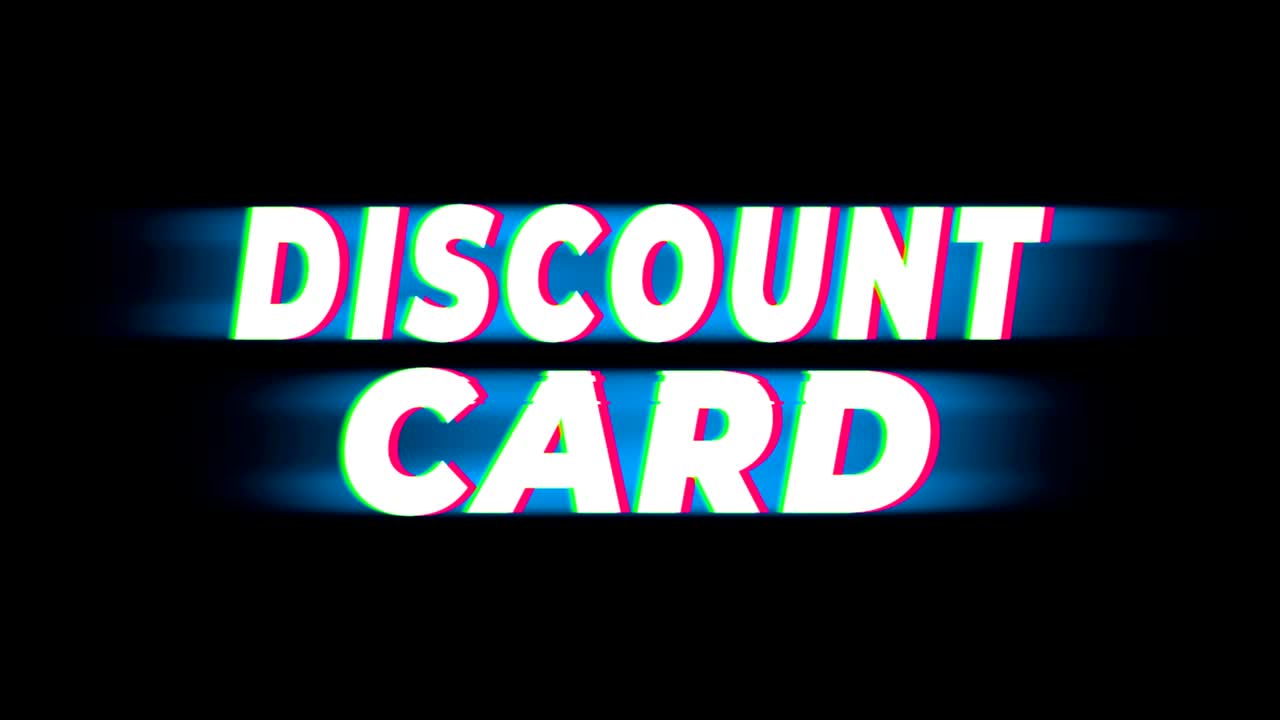 el texto de la tarjeta de descuento es una promoción de efecto glitch vintage.