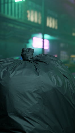 a black garbage bag sits on a city street at night