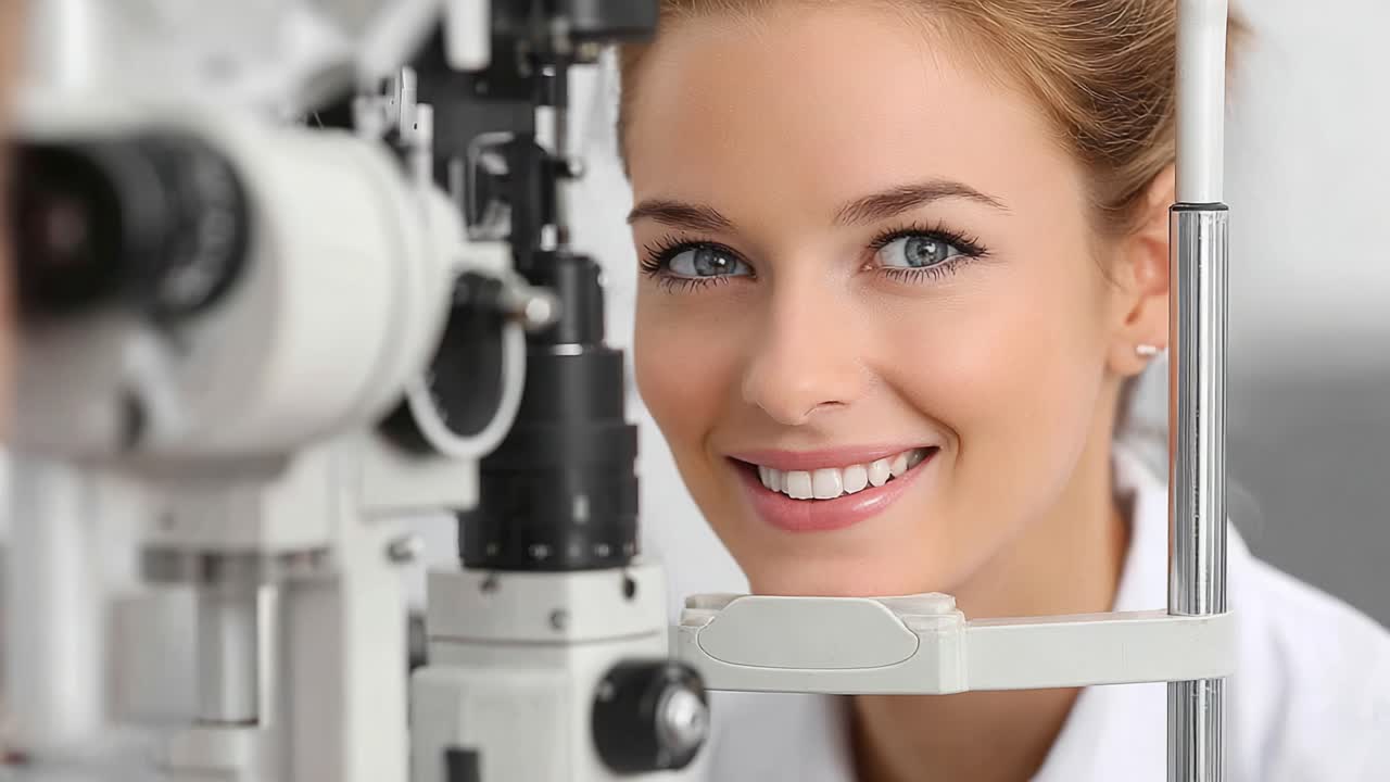 A Smiling Eye Care Professional Attending to a Patient with Innovative Optical Equipment in a Bright Clinical Setting