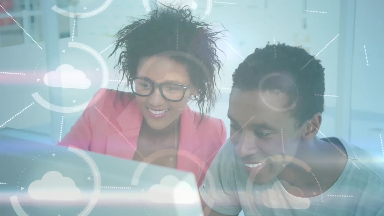 Animation of network of connections with clouds over women working in office