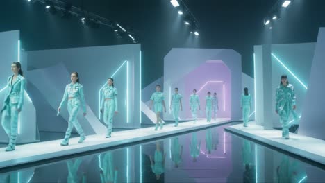 futuristic fashion showcase: models strut down an elegant runway illuminated with neon lights and geometric shapes, presenting cutting-edge attire in a high-tech atmosphere