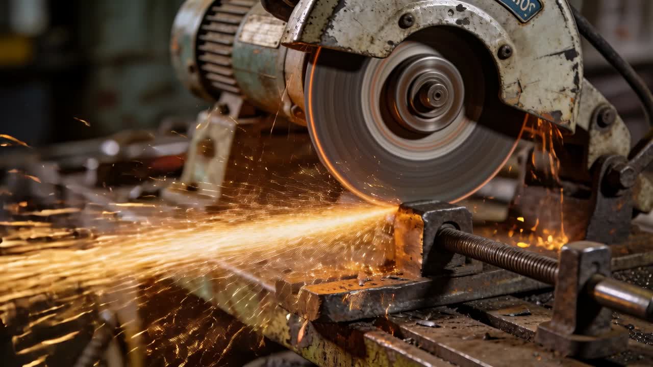 Rotující rozbrušovací kotouč se dotýká kovové tyče a při řezání na dílenském ponku se svěrákem jiskří.
