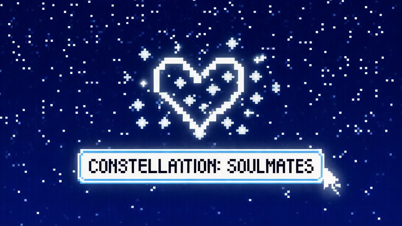 Entering center, pixel comet tracing heart in stars, clicking input typing CONSTELLATION: SOULMATES