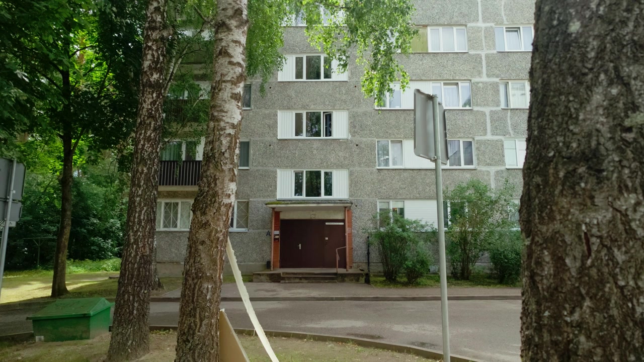 Statisk billede fra jordhøjde af typisk indgang til sovjetisk panelbygning indrammet af birketræstammer i et boligområde i Daugavpils, Latgale, Letland