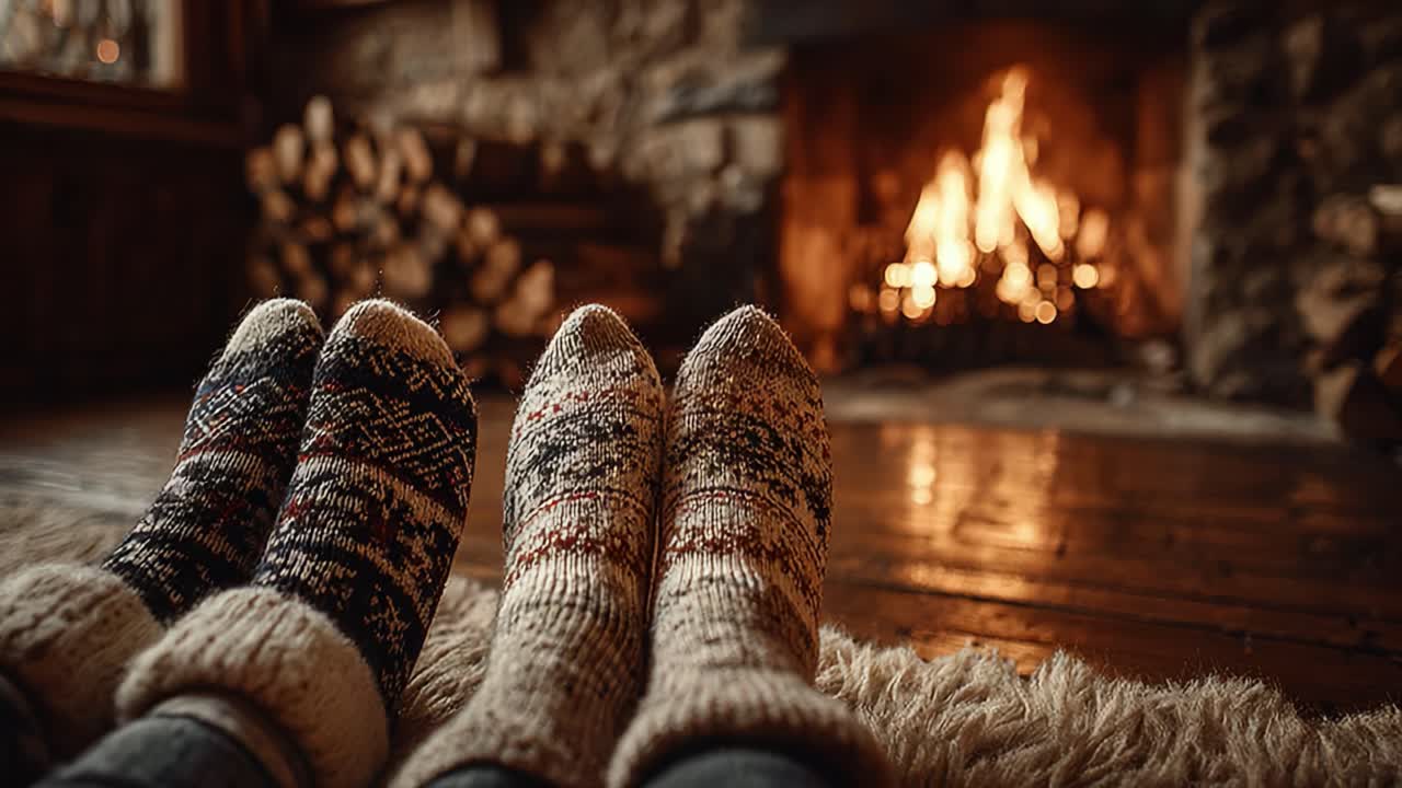 Cozy Seated Feet in Warm Socks by the Fireplace, Enveloped in a Relaxing Atmosphere of Comfort and Serenity, Perfect for a Cold Evening Indoors