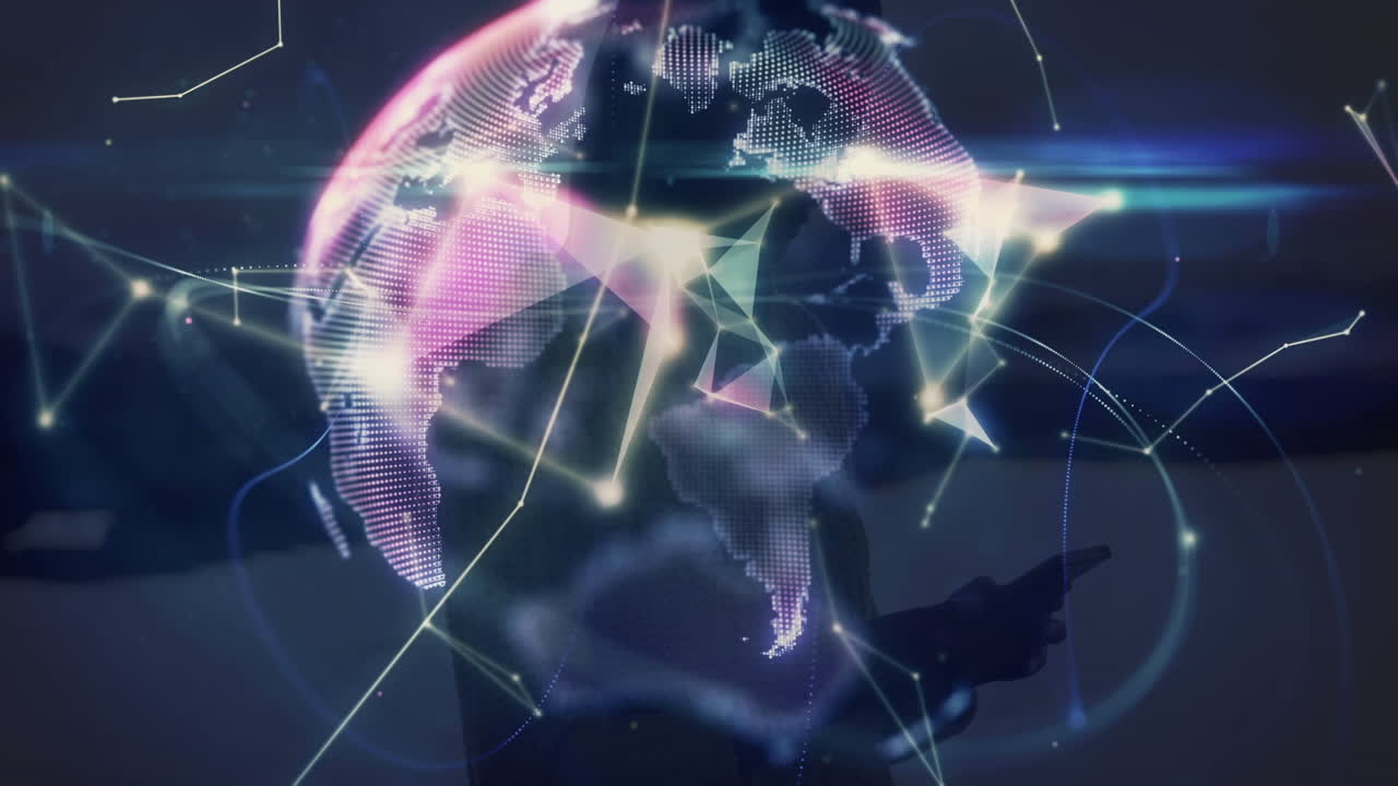 Animation of globe and shapes over businesswoman using smartphone