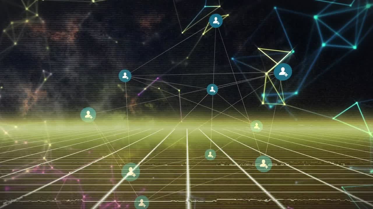 검은 바탕의 네온 선 위에 아이콘으로 연결된 네트워크의 애니메이션