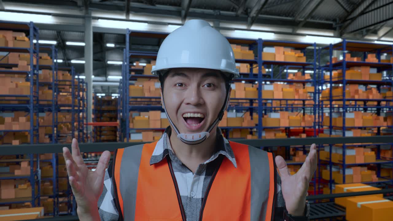 안전 헬을 입은 아시아 남성 엔지니어가 배달 물품으로 가득 찬 선반과 함께 창고에 서서 카메라에 미소 짓고 창고에서 와우라고 말합니다.