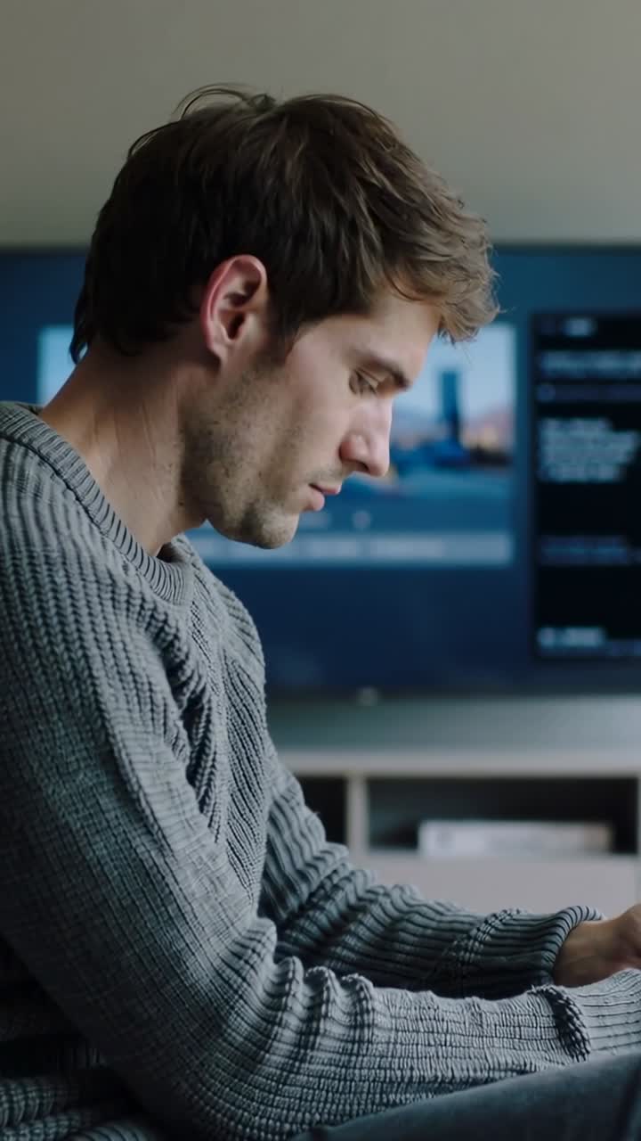Vertical video: Tapping man in gray sweater scrolling handheld device on couch showing TV behind