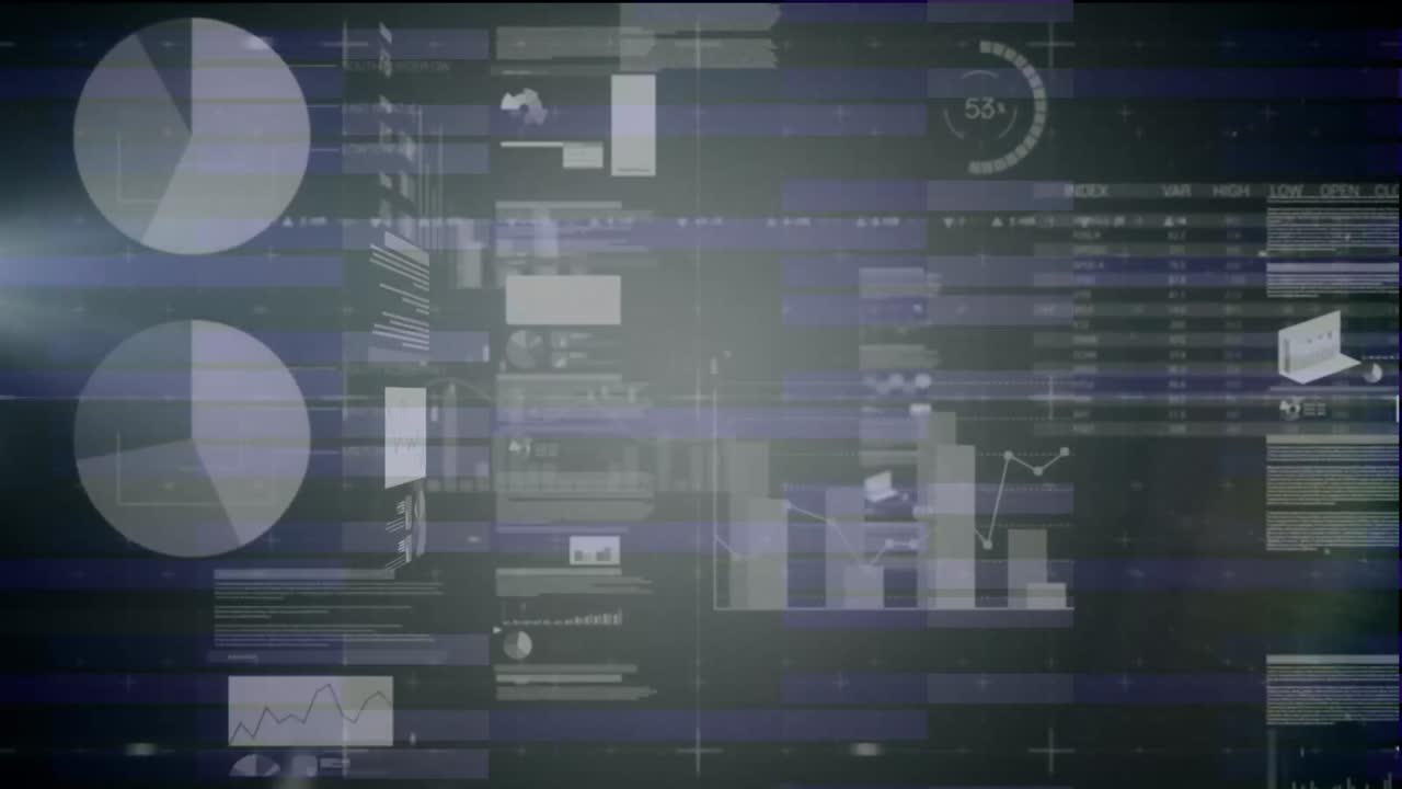 Animation of financial data processing on black background