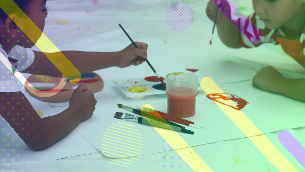 Children painting with brushes and palette over colorful shapes animation