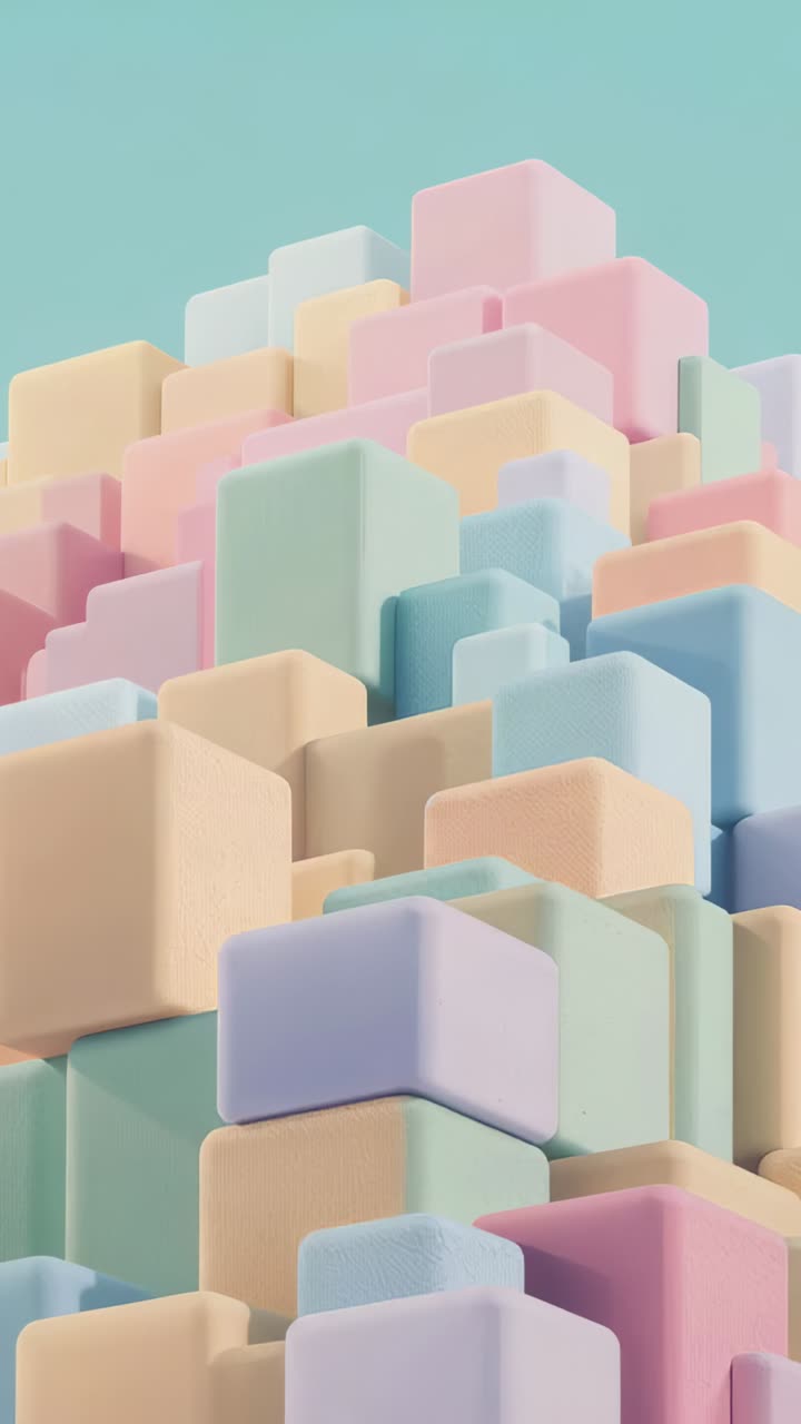 Vertical video: Sliding camera upward at shot start revealing pastel blocks with mint-teal backdrop