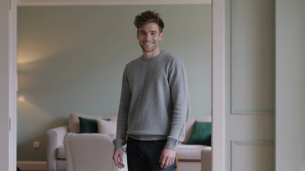 Uomo in piedi che entra, sorride e saluta la telecamera dalla soglia di casa, indossando un maglione grigio, con la cornice della porta.