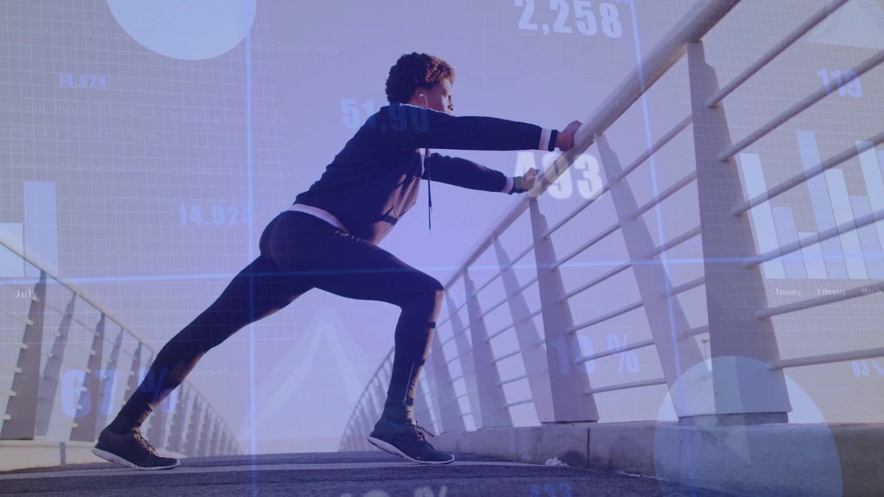 Male runner warming up lunge-to-quad on bridge shifting weight on rail and sparking finance charts
