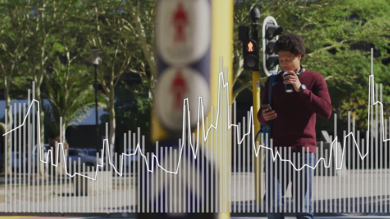 Young man drinking coffee and using phone, with audio waveform animation overlay