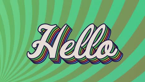 animation of hello text banner against radial rays in seamless pattern on green background