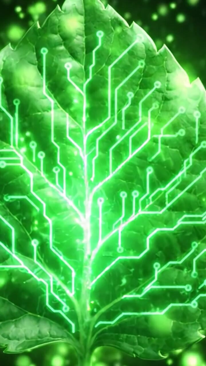 A Stunning Transformation: From a Simple Green Leaf to a Futuristic Circuitry Design, Blending Nature with Technology in a Unique Visual Journey