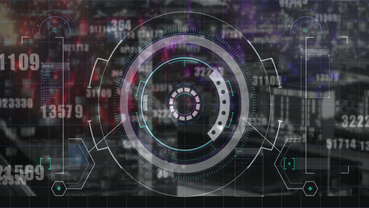 Animation of financial data, graphs and processing circle over cityscape