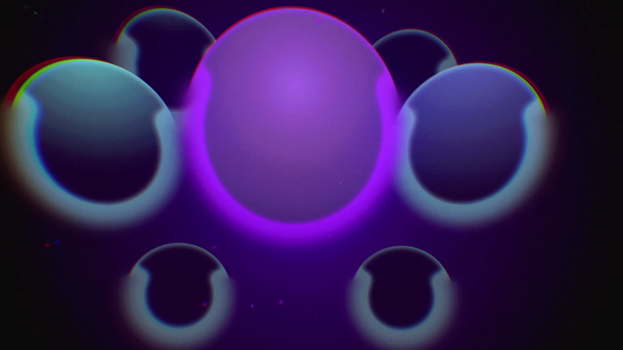 Alien like spheres glowing on a dark background moving up and down with noise texture, dust and lens distortion in 4k 30fps