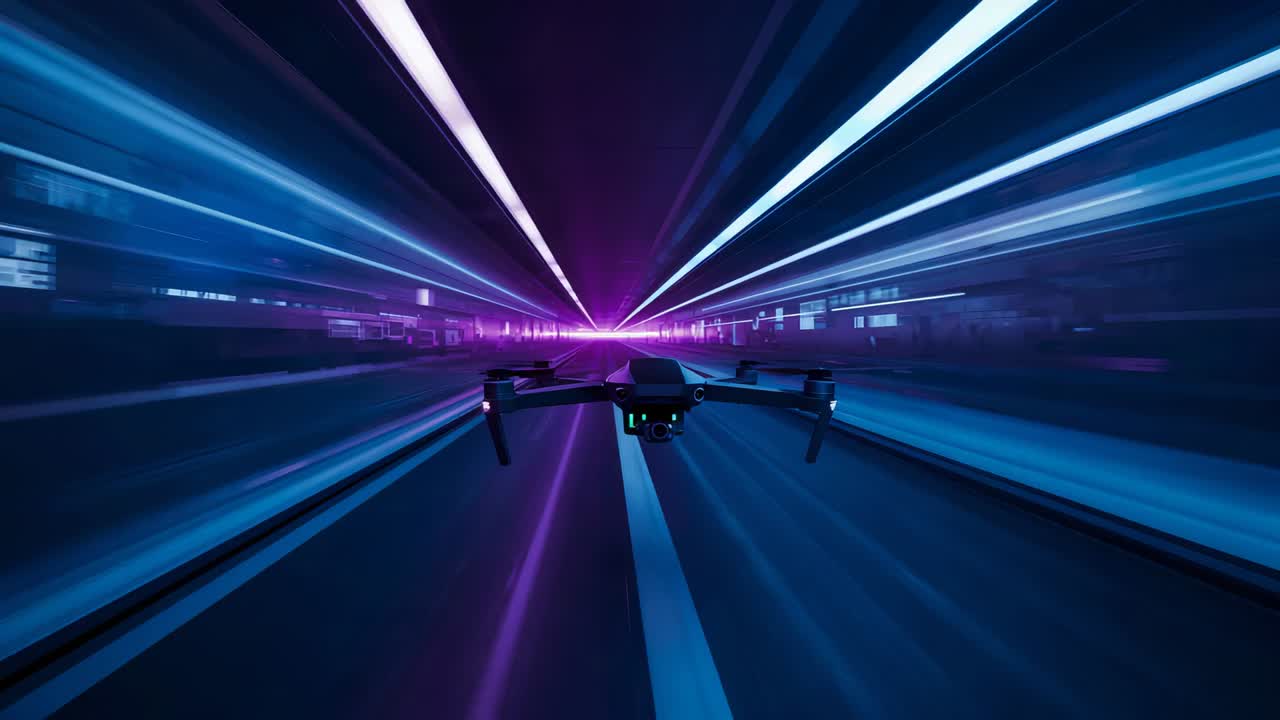 Quadricottero in partenza tracciato con LED verdi che accelera attraverso un tunnel al neon verso l'estremità viola
