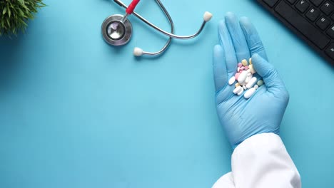 medical supplies and pills on a desk