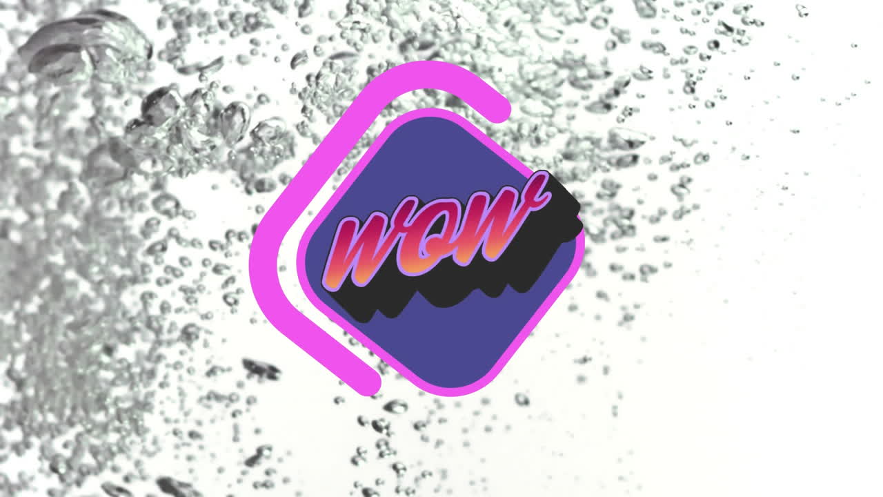 animación de texto wow sobre forma de diamante púrpura con burbujas de aire sobre fondo blanco