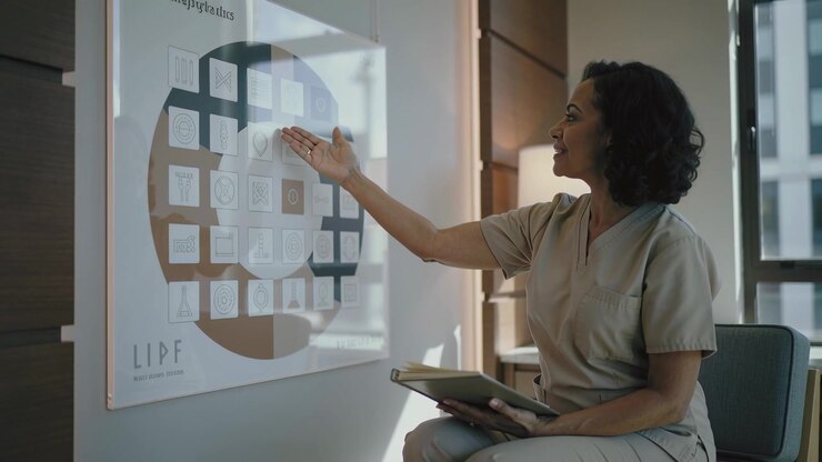 Referencing tablet, nurse in scrubs pointing at poster in clinic, explaining care plan, copy space